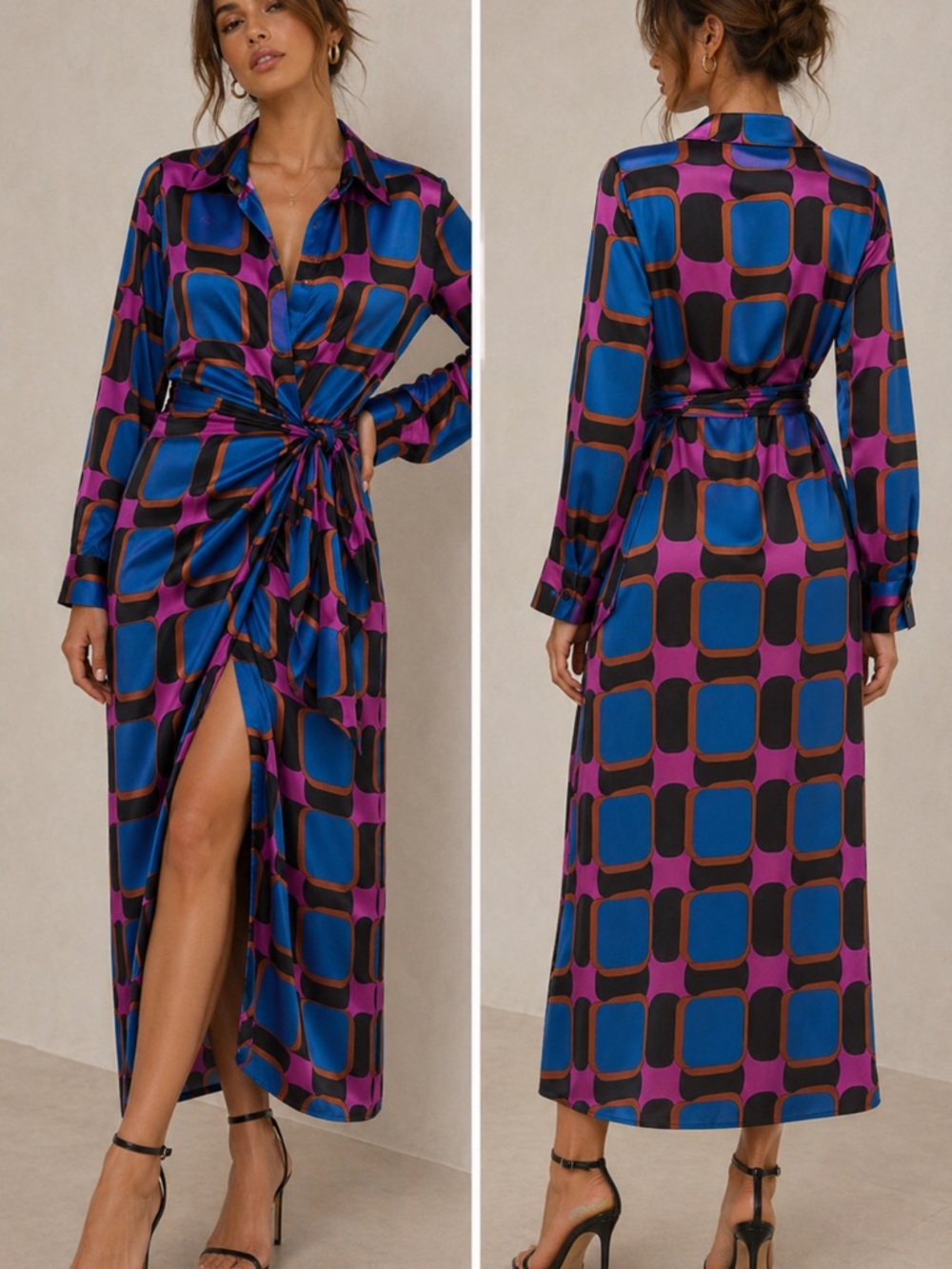 Zara Blue and Purple Geometric Satin Wrap Maxi Dress